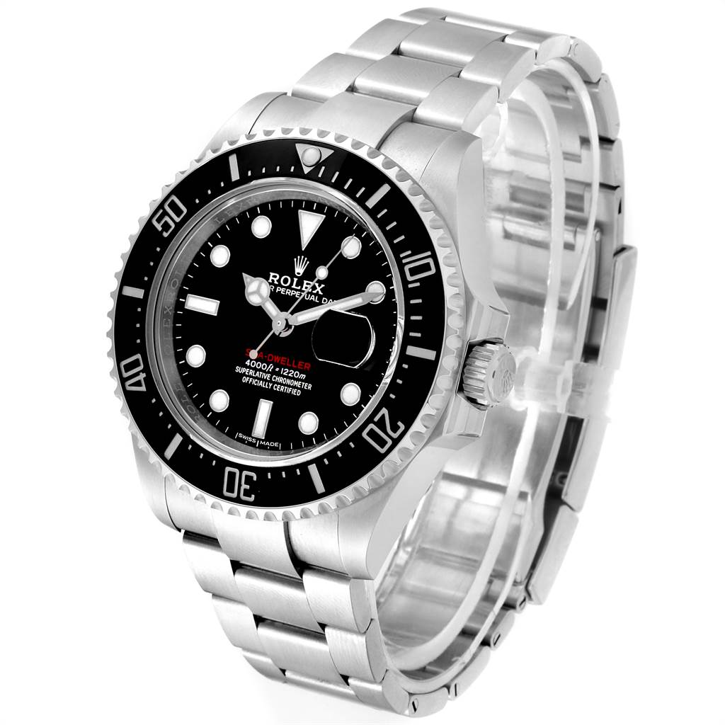 The image shows the Rolex Sea-Dweller 126600 Men
s Stainless Steel Black Dial 126600 Men
s Stainless Steel Black Dial watch at a three-quarter angle, displaying the face, bezel, crown, and bracelet.
