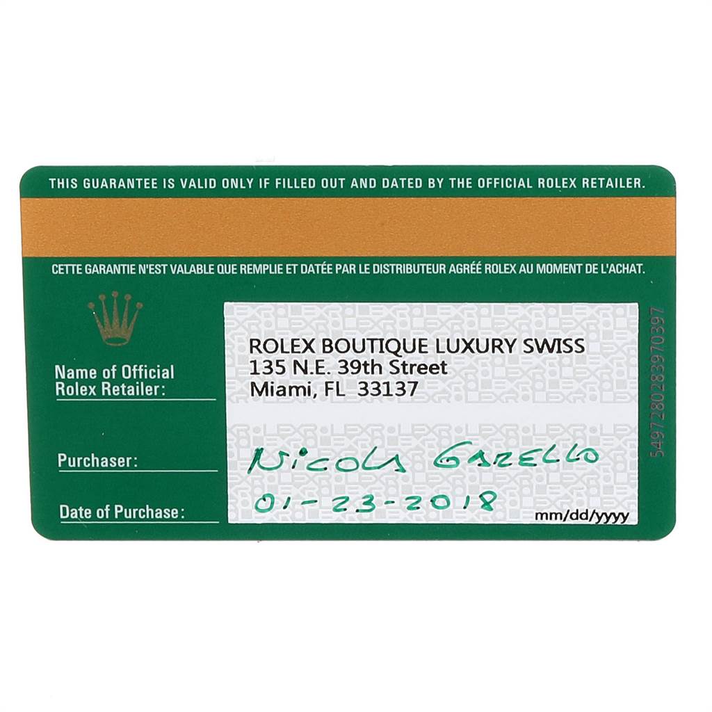 This image shows a warranty card for a Rolex Sea-Dweller 126600 Men
s Stainless Steel Black Dial 126600 Men
s Stainless Steel Black Dial, including retailer and purchase details.