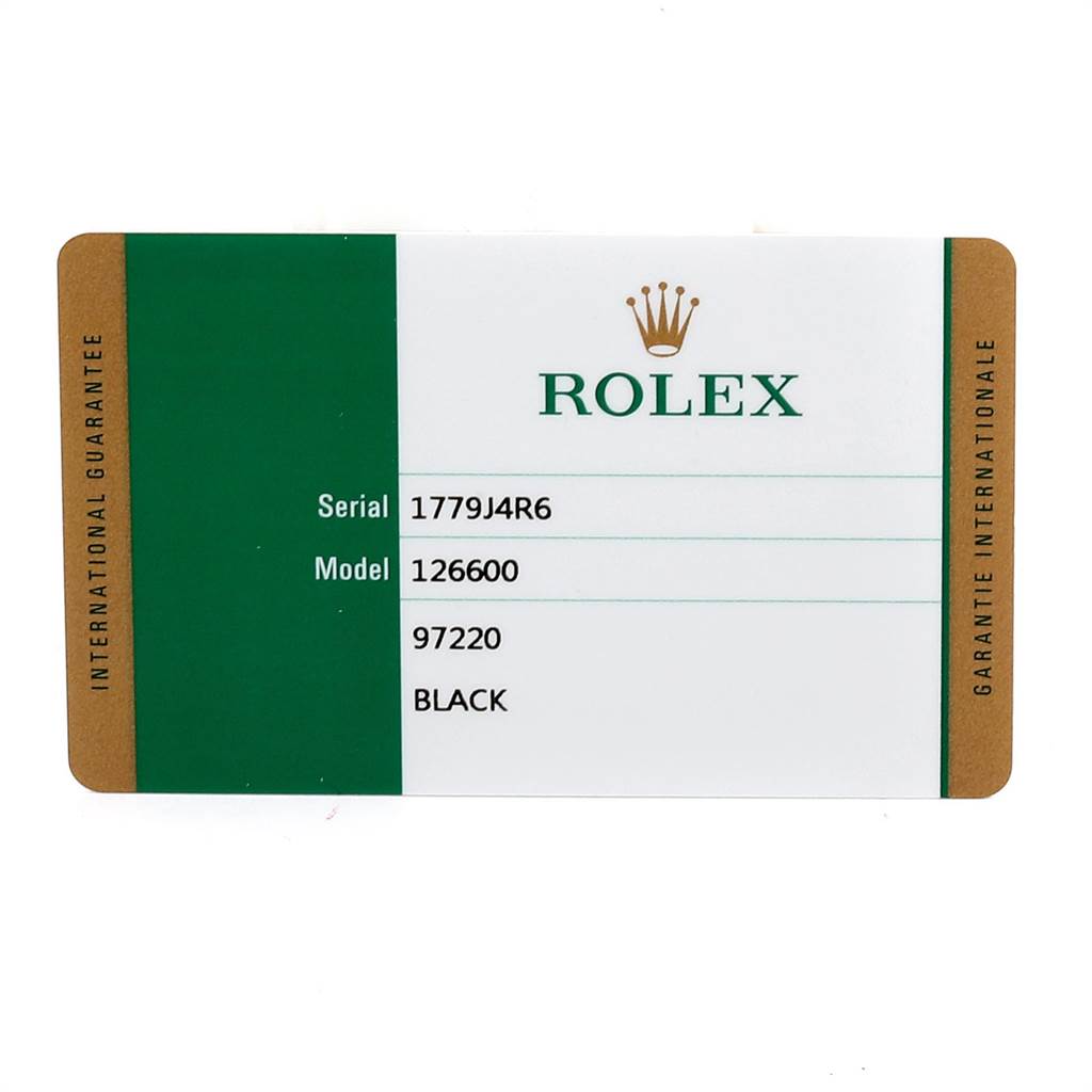 This image shows the international guarantee card for a Rolex Sea-Dweller 126600 Men
s Stainless Steel Black Dial 126600 Men
s Stainless Steel Black Dial model 126600.