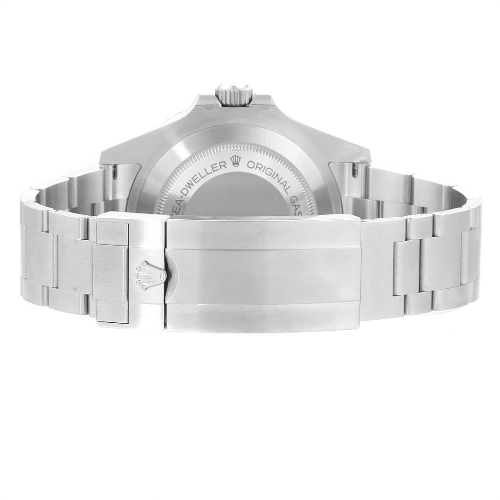 The image shows the back view of a Rolex Sea-Dweller 126600 Men
s Stainless Steel Black Dial 126600 Men
s Stainless Steel Black Dial watch, highlighting the case back and metal bracelet.