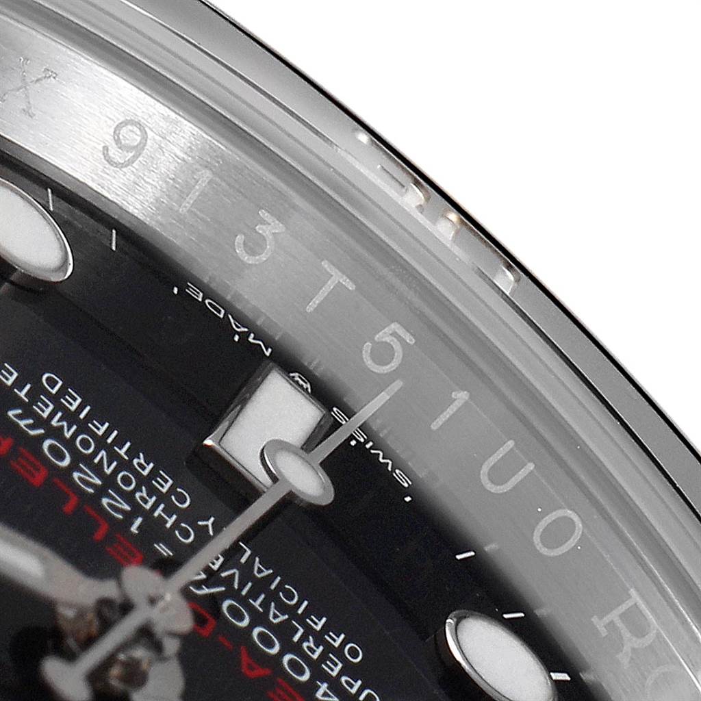 This close-up image of a Rolex Sea-Dweller 126600 Men
s Stainless Steel Black Dial 126600 Men
s Stainless Steel Black Dial watch shows a partial view of the dial, bezel, and hands.