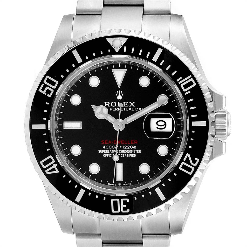 This is a front view of the Rolex Sea-Dweller 126600 Men
s Stainless Steel Black Dial 126600 Men
s Stainless Steel Black Dial watch showing the dial, bezel, crown, and part of the bracelet.