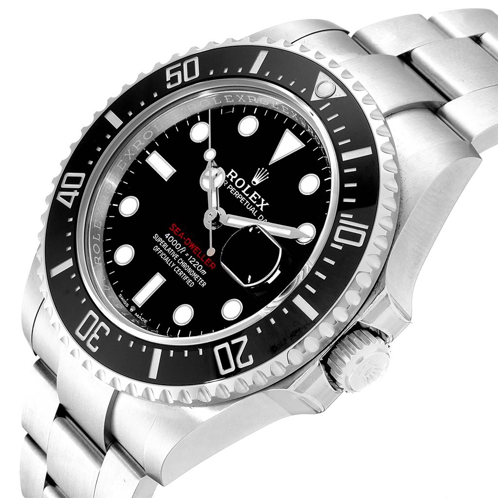 The Rolex Sea-Dweller 126600 Men
s Stainless Steel Black Dial 126600 Men
s Stainless Steel Black Dial watch is shown from a 3/4 angle, displaying its face, bezel, crown, and part of the bracelet.