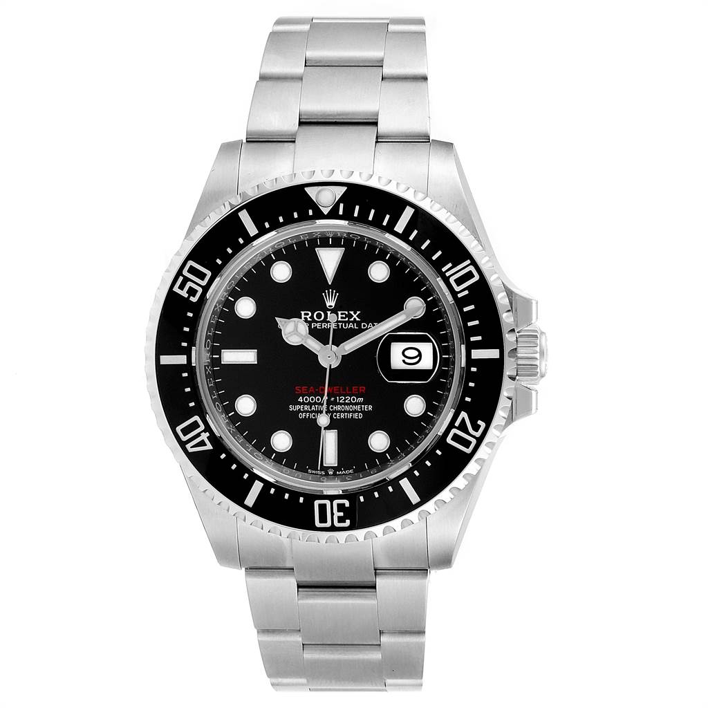 This image shows a front view of the Rolex Sea-Dweller 126600 Men
s Stainless Steel Black Dial 126600 Men
s Stainless Steel Black Dial watch, highlighting its dial, bezel, and bracelet.