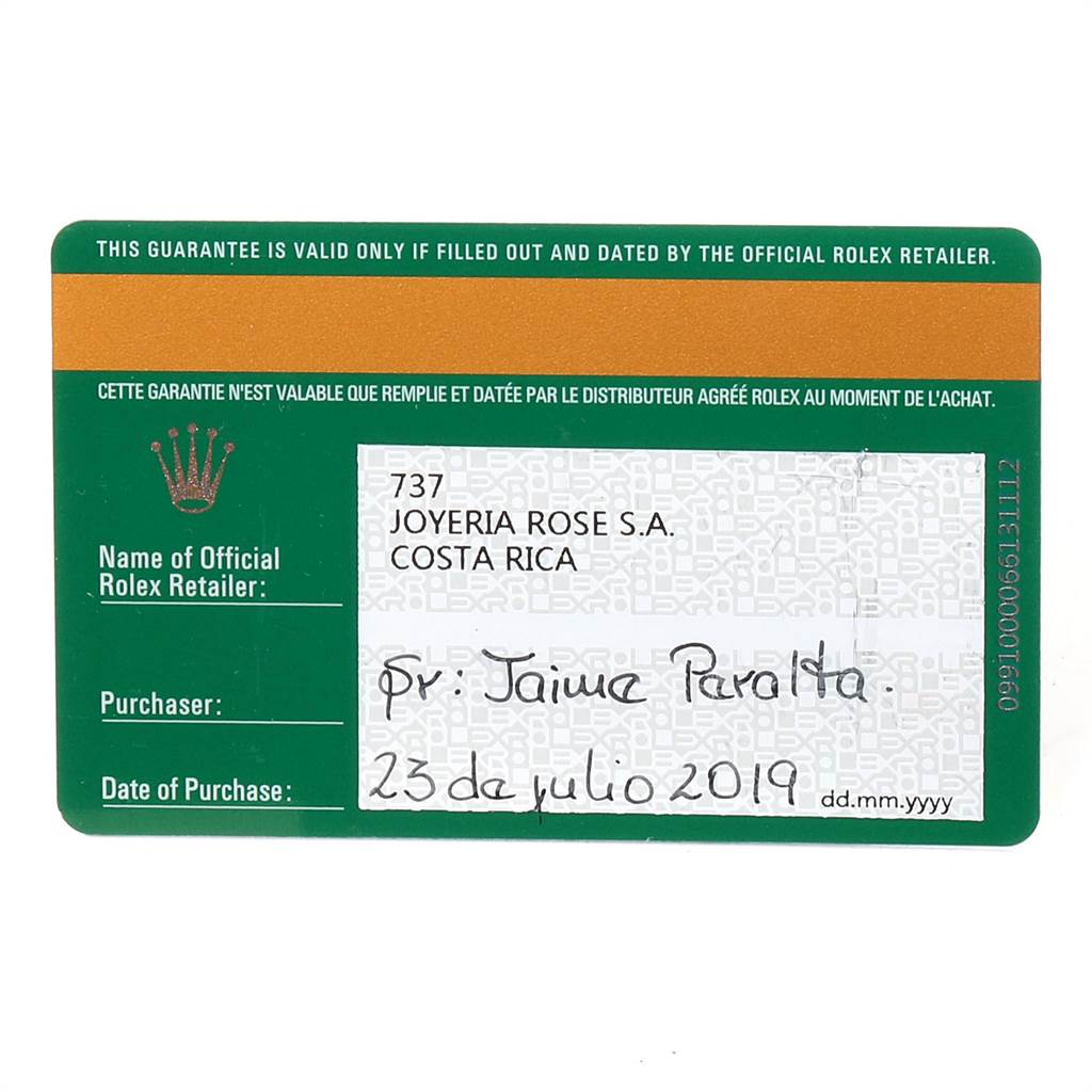 The image shows a guarantee card for a Rolex Sea-Dweller 126600 Men
s Stainless Steel Black Dial 126600 Men
s Stainless Steel Black Dial watch, displaying retailer, purchaser details, and date of purchase.