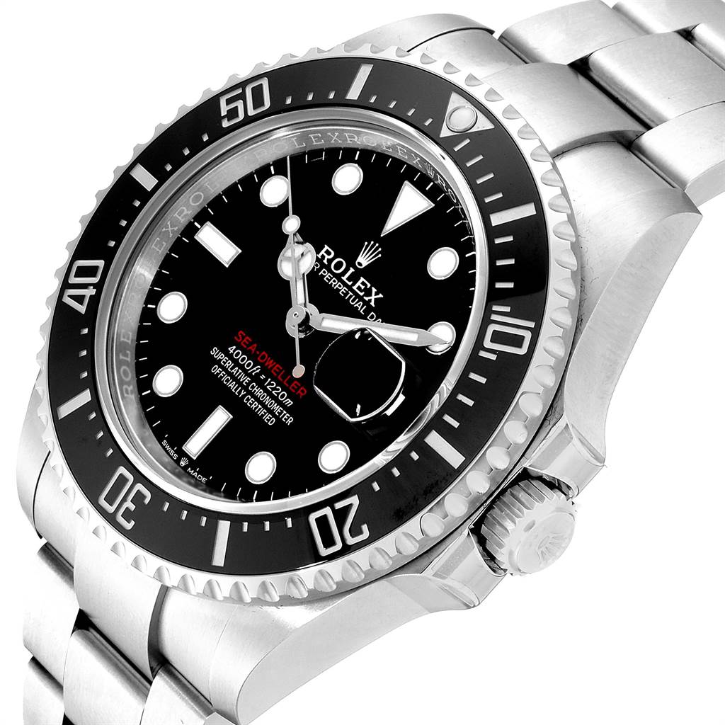 This image shows a close-up, right-side view of the Rolex Sea-Dweller 126600 Men
s Stainless Steel Black Dial 126600 Men
s Stainless Steel Black Dial watch, highlighting its bezel, crown, and bracelet.