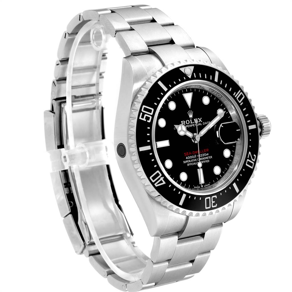 The image shows a side angle of the Rolex Sea-Dweller 126600 Men
s Stainless Steel Black Dial 126600 Men
s Stainless Steel Black Dial watch, highlighting the dial, bezel, crown, and bracelet.