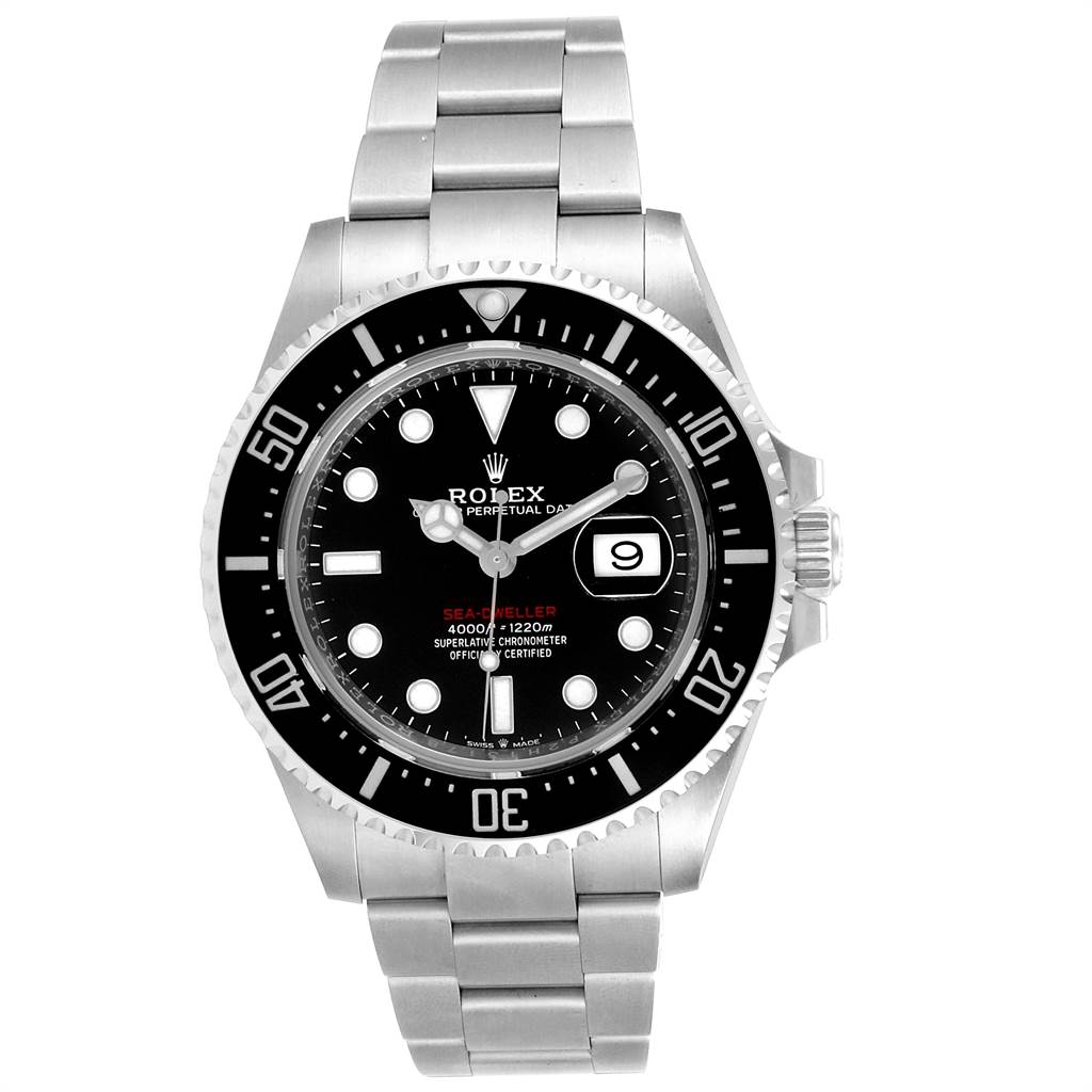 This image shows a front view of the Rolex Sea-Dweller 126600 Men
s Stainless Steel Black Dial 126600 Men
s Stainless Steel Black Dial watch, highlighting the dial, bezel, and bracelet.
