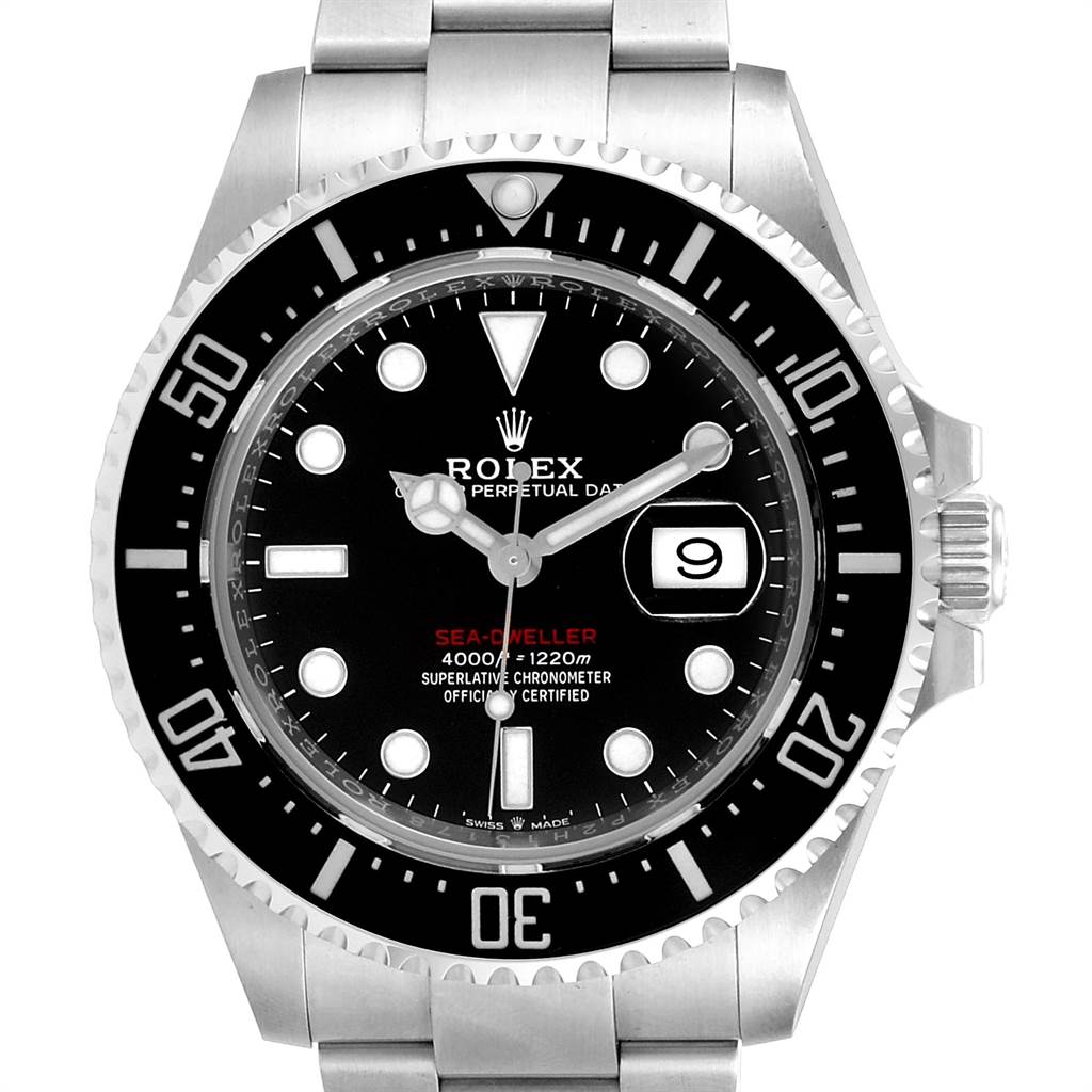 This image shows a front view of a Rolex Sea-Dweller 126600 Men
s Stainless Steel Black Dial 126600 Men
s Stainless Steel Black Dial watch, highlighting the dial, bezel, hands, and part of the bracelet.