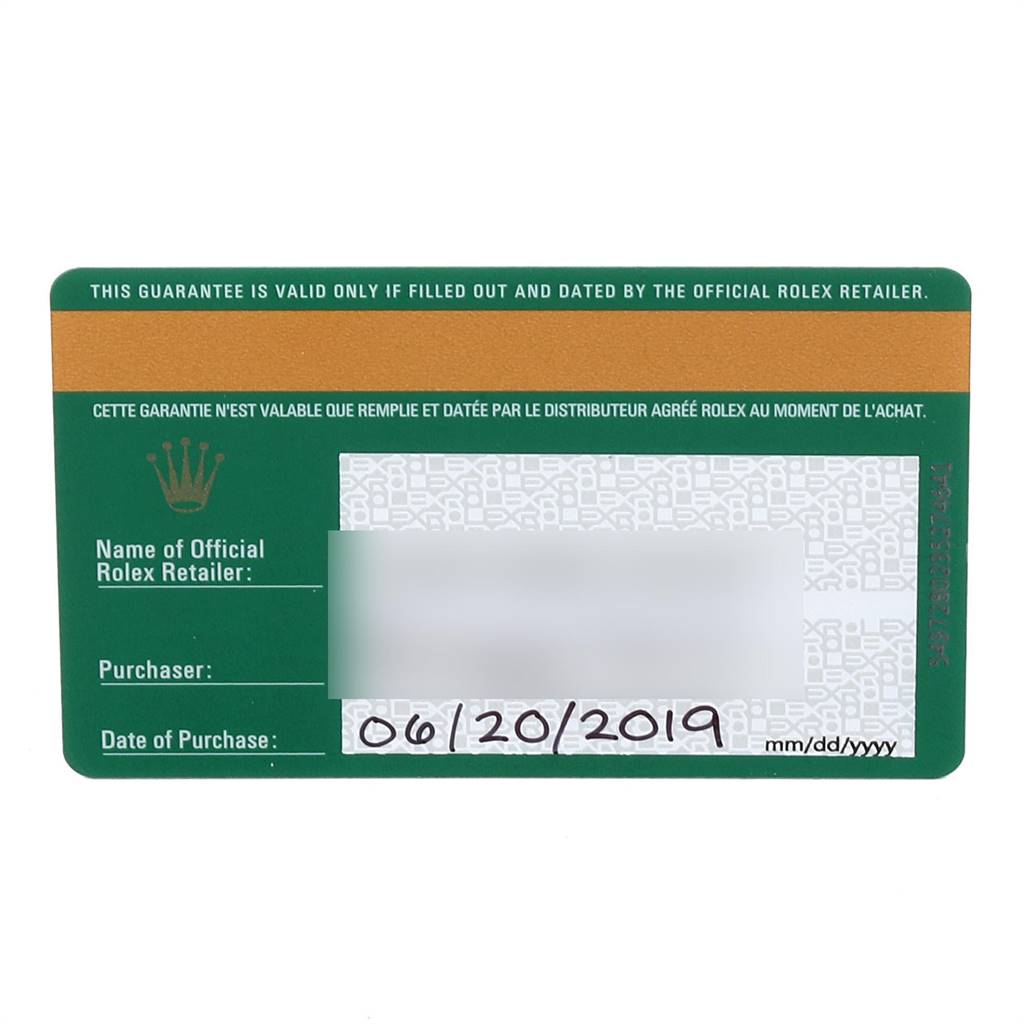 This image shows the guarantee card for the Rolex Sea-Dweller 126600 Men
s Stainless Steel Black Dial 126600 Men
s Stainless Steel Black Dial watch, displaying the retailer, purchaser, and date of purchase.