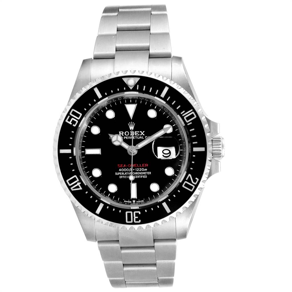 This image shows a front view of the Rolex Sea-Dweller 126600 Men
s Stainless Steel Black Dial 126600 Men
s Stainless Steel Black Dial watch, highlighting its dial, bezel, and bracelet.