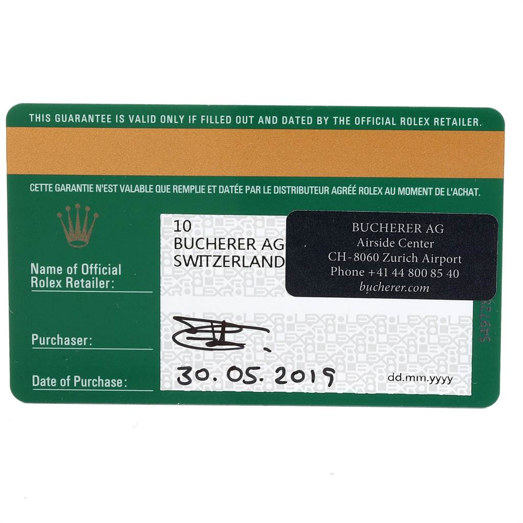 The image shows the guarantee card for a Rolex Sea-Dweller 126600 Men
s Stainless Steel Black Dial 126600 Men
s Stainless Steel Black Dial, indicating the official retailer and purchase date.