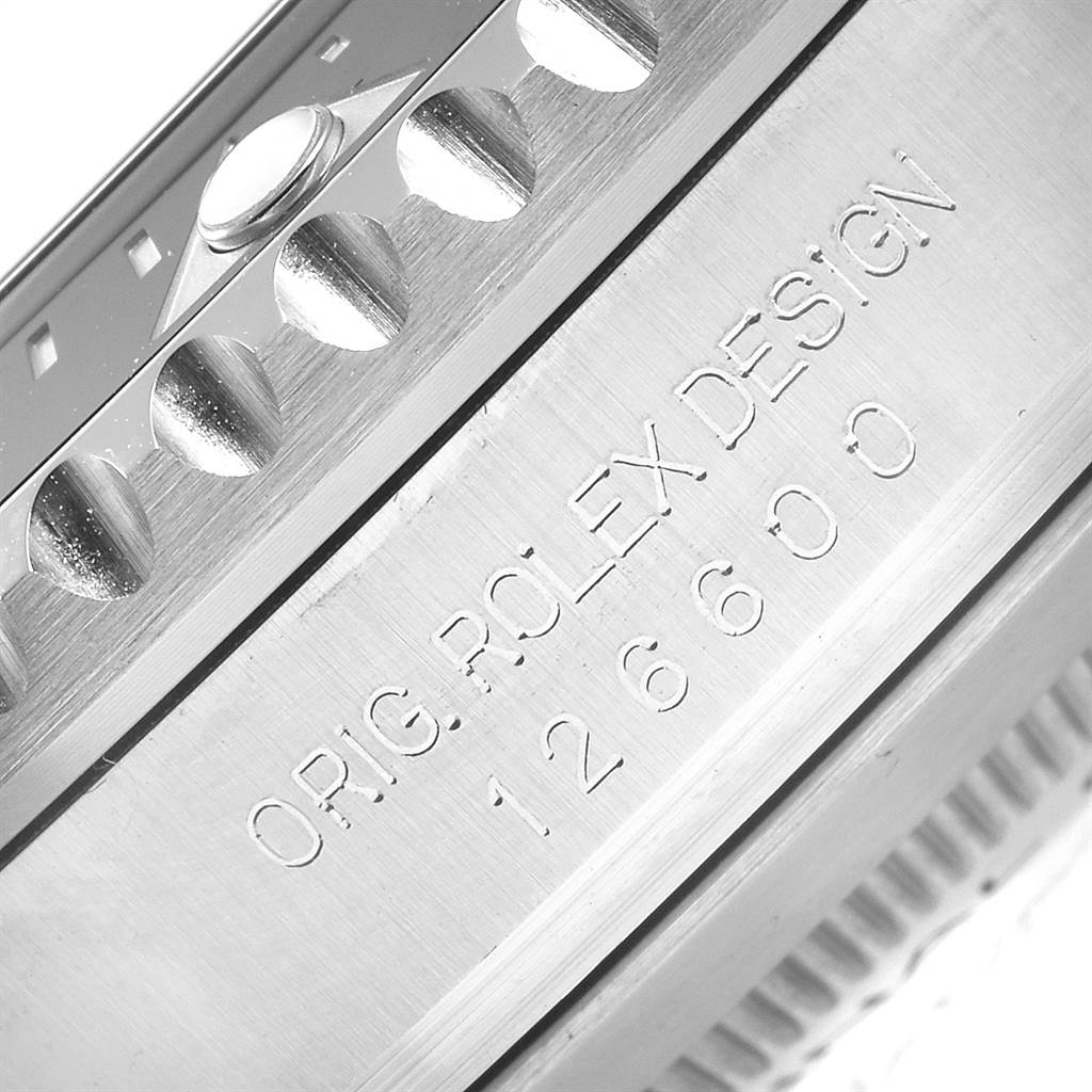 The image shows a close-up of the case side and bezel of the Rolex Sea-Dweller 126600 Men
s Stainless Steel Black Dial 126600 Men
s Stainless Steel Black Dial, model number 126600.