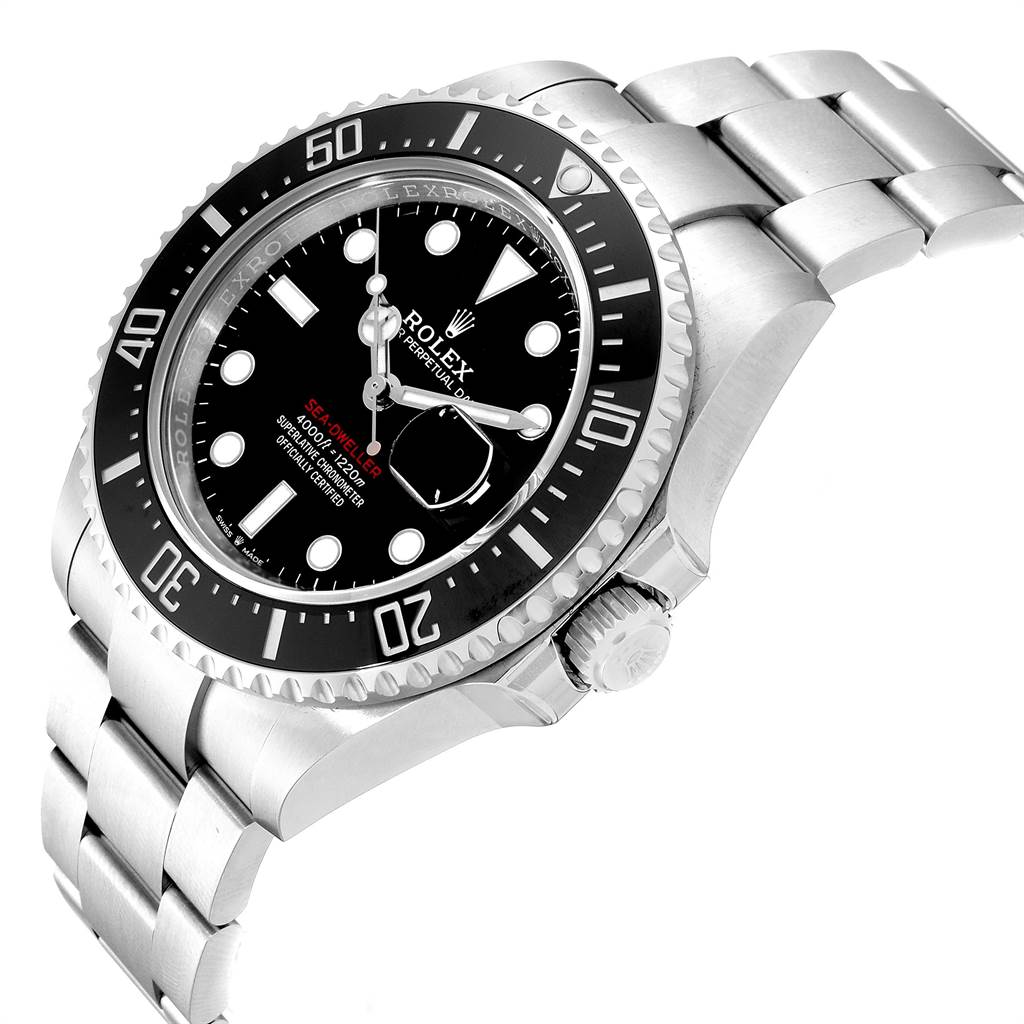 The Rolex Sea-Dweller 126600 Men
s Stainless Steel Black Dial 126600 Men
s Stainless Steel Black Dial watch is shown from an angled view highlighting its black dial, bezel, and bracelet.