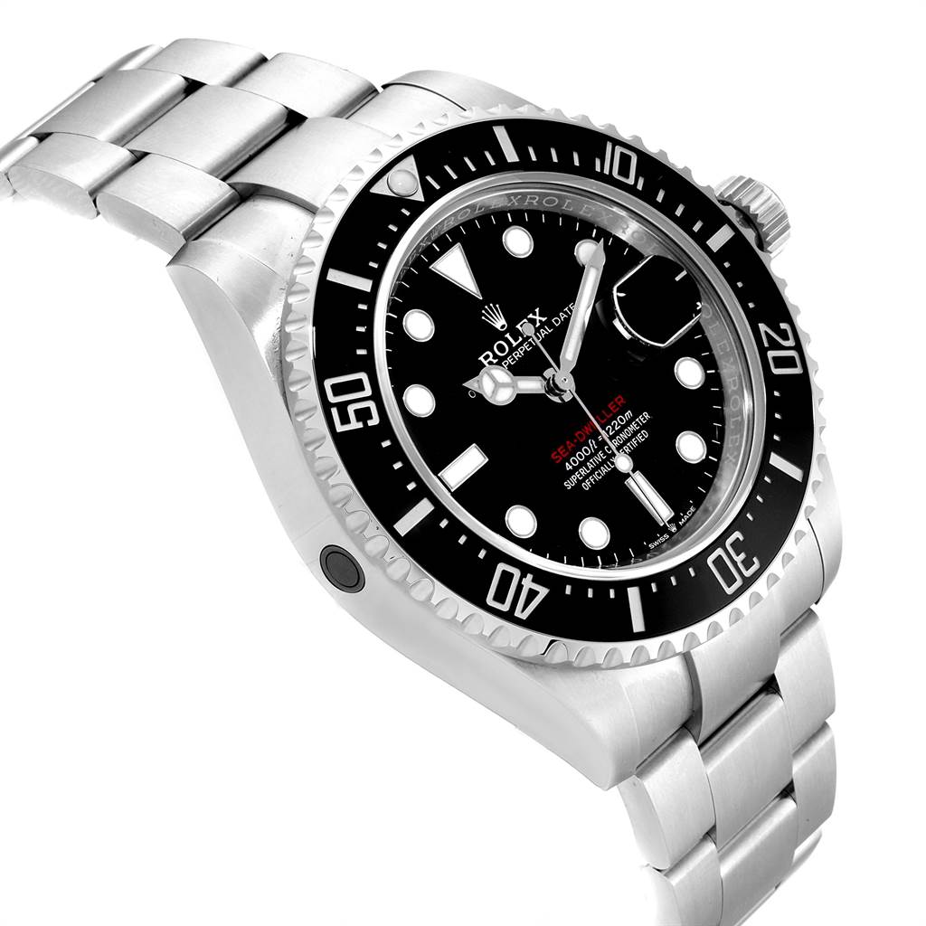 This image shows a side angle of the Rolex Sea-Dweller 126600 Men
s Stainless Steel Black Dial 126600 Men
s Stainless Steel Black Dial watch, highlighting its face, bezel, and part of the bracelet.