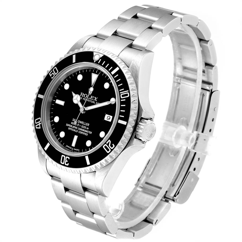 The image shows a Rolex Sea-Dweller 16600 Men
s Stainless Steel Black Dial 16600 Men
s Stainless Steel Black Dial watch at an angle that highlights the bracelet, bezel, and dial.