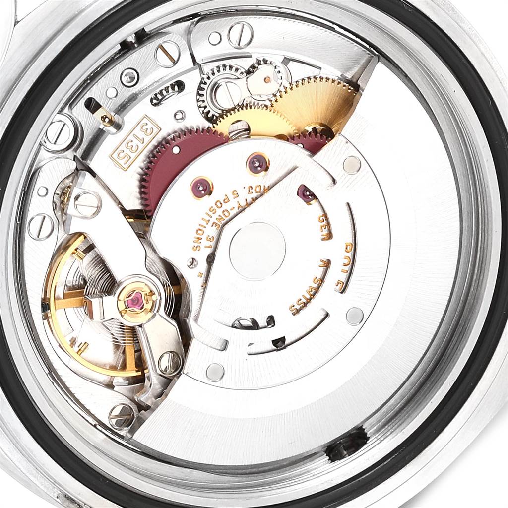 The image shows the inner mechanics and movement of the Rolex Sea-Dweller 16600 Men
s Stainless Steel Black Dial 16600 Men
s Stainless Steel Black Dial watch from a close-up angle.