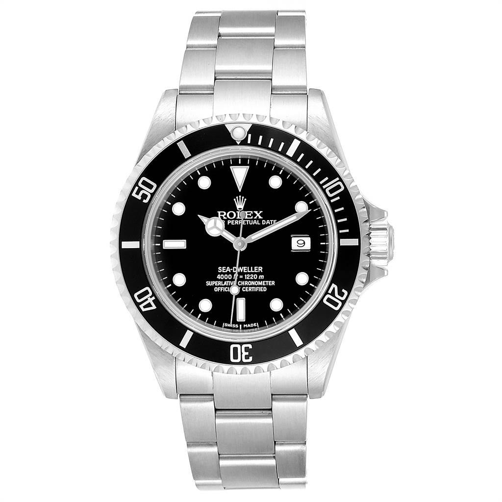 The image shows a front view of a Rolex Sea-Dweller 16600 Men
s Stainless Steel Black Dial 16600 Men
s Stainless Steel Black Dial watch, highlighting its face, bezel, and bracelet.