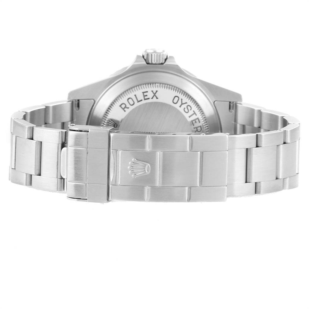 The image shows the back view of a Rolex Sea-Dweller 16600 Men
s Stainless Steel Black Dial 16600 Men
s Stainless Steel Black Dial, highlighting the clasp and part of the bracelet.
