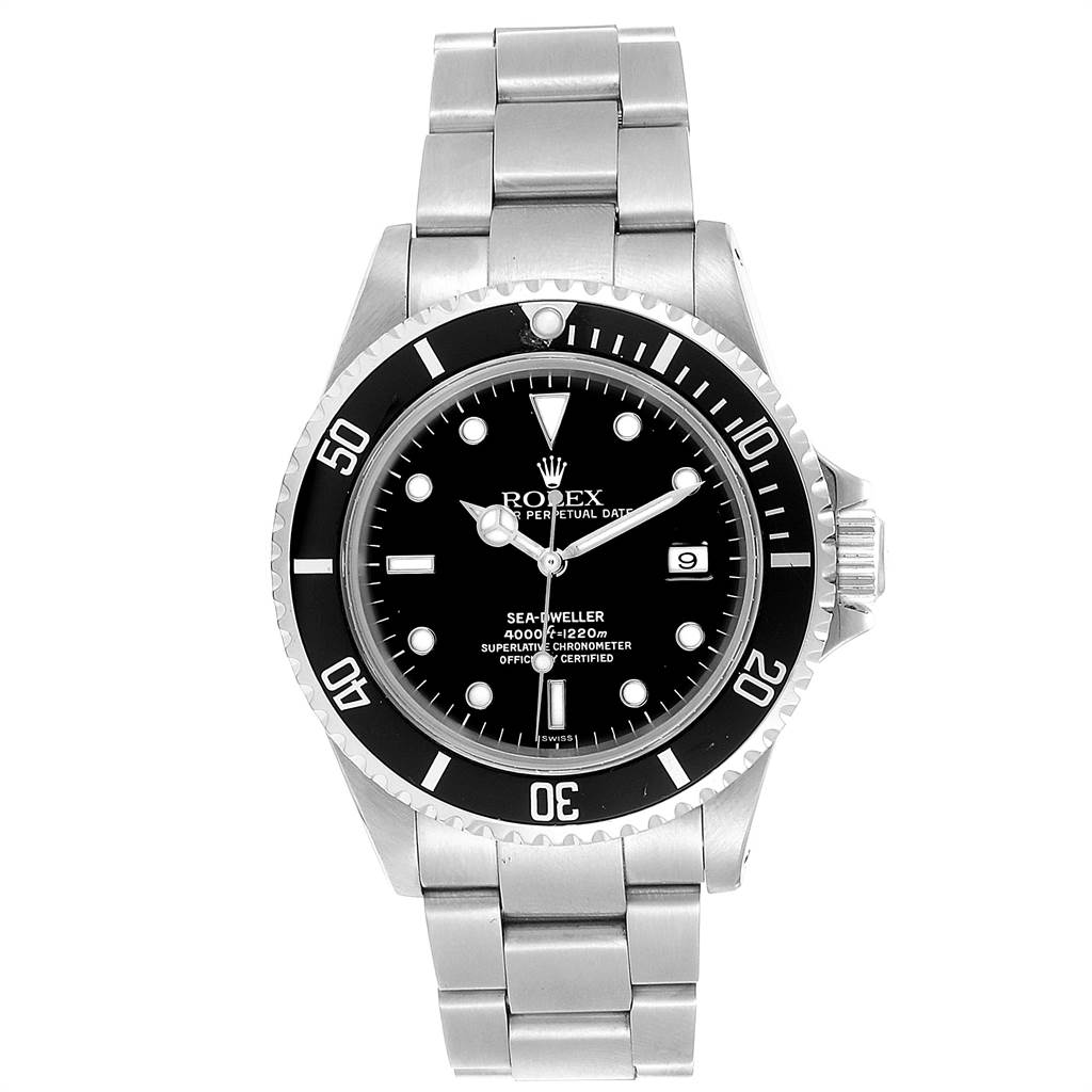 The image shows a front view of the Rolex Sea-Dweller 16600 Men's Stainless Steel Black Dial 16600 Men's Stainless Steel Black Dial watch, including its bezel, dial, hands, and bracelet.