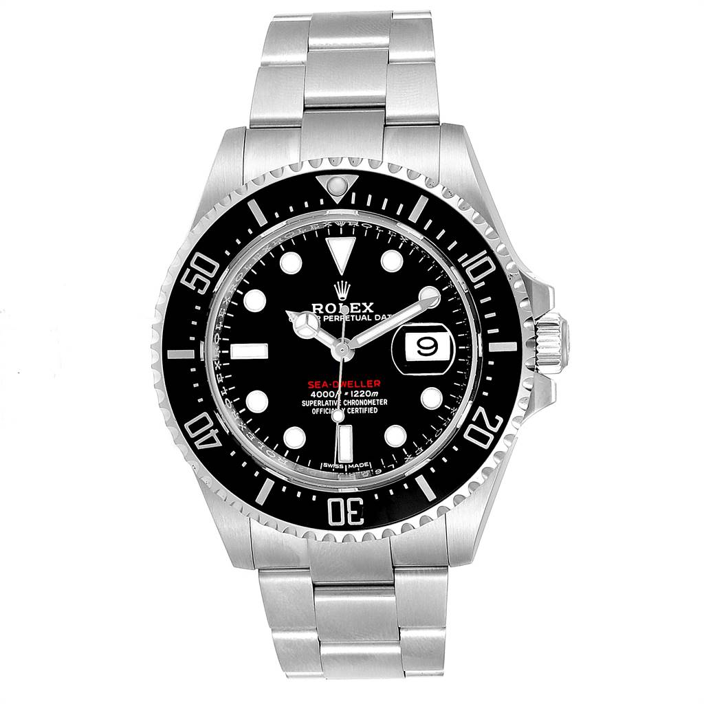 The image shows a front view of the Rolex Sea-Dweller 126600 Men's Stainless Steel Black Dial 126600 Men's Stainless Steel Black Dial watch, showcasing its dial, bezel, and bracelet.