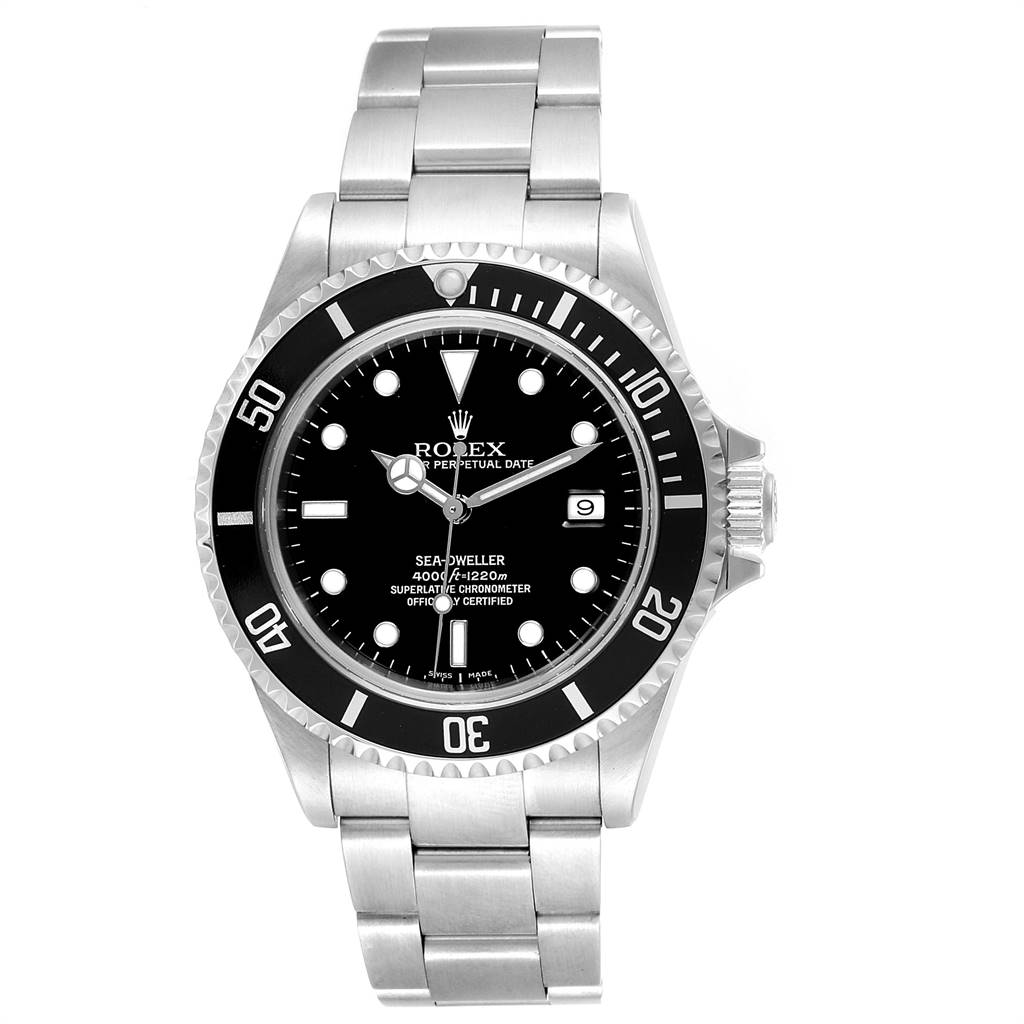 The image shows a front view of the Rolex Sea-Dweller 16600 Men's Stainless Steel Black Dial 16600 Men's Stainless Steel Black Dial watch, highlighting the dial, bezel, and bracelet.