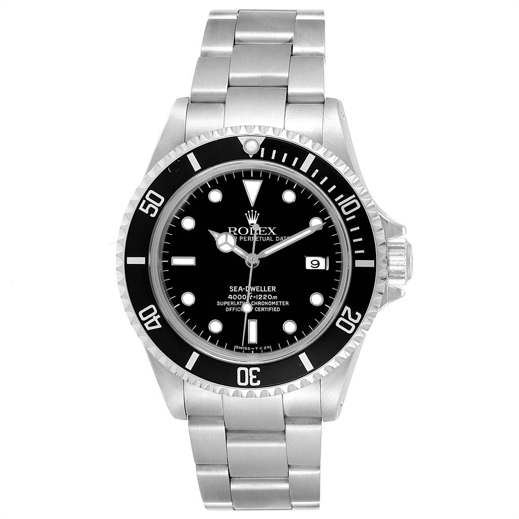 The Rolex Sea-Dweller 16600 Men
s Stainless Steel Black Dial 16600 Men
s Stainless Steel Black Dial watch is shown from a front angle, displaying its dial, bezel, and bracelet.