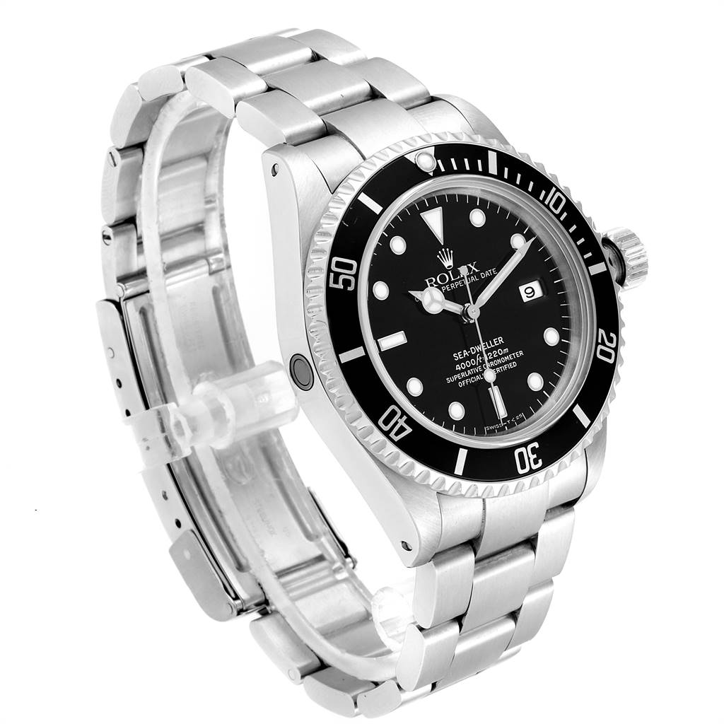 The Rolex Sea-Dweller 16600 Men
s Stainless Steel Black Dial 16600 Men
s Stainless Steel Black Dial watch is shown at a front angle, highlighting its dial, bezel, and stainless steel bracelet.