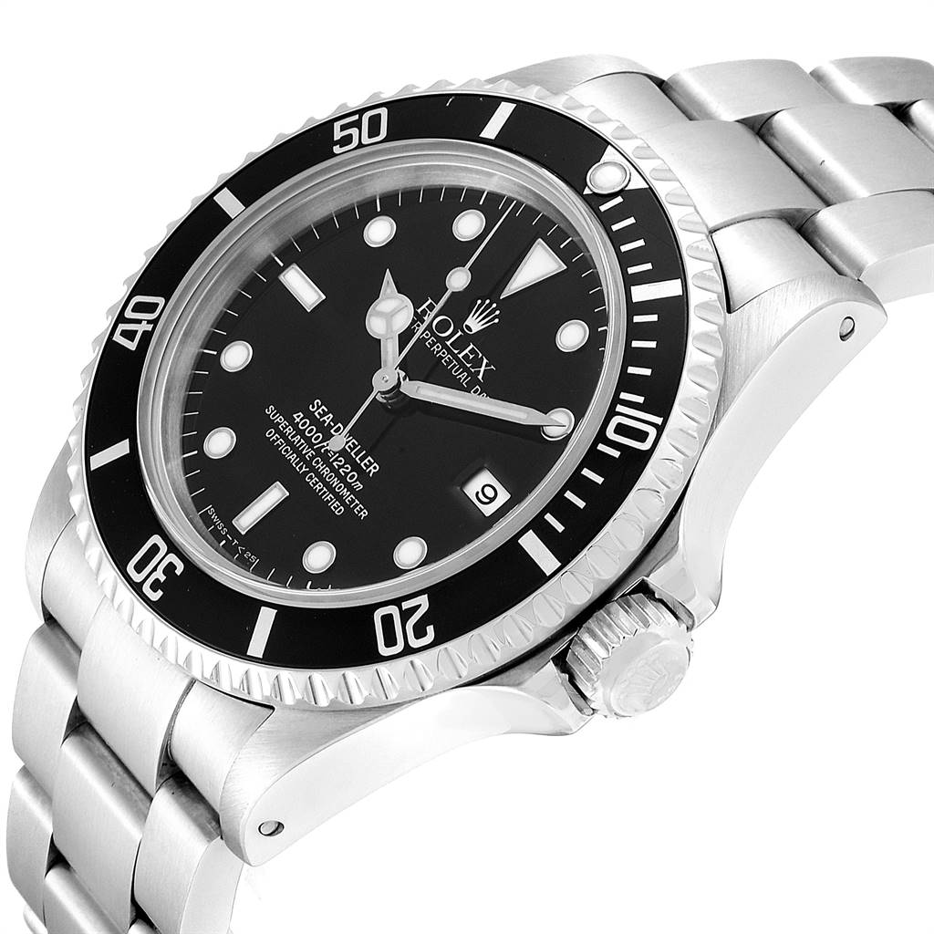 This image shows a Rolex Sea-Dweller 16600 Men
s Stainless Steel Black Dial 16600 Men
s Stainless Steel Black Dial watch from a slightly angled side view, highlighting the face, bezel, and metal bracelet.