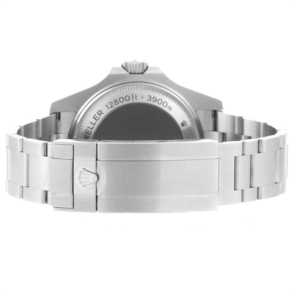 This image shows the stainless steel bracelet and case back of a Rolex Sea-Dweller 126660 Men
s Stainless Steel Blue Dial 126660 Men
s Stainless Steel Blue Dial watch from a rear angle.