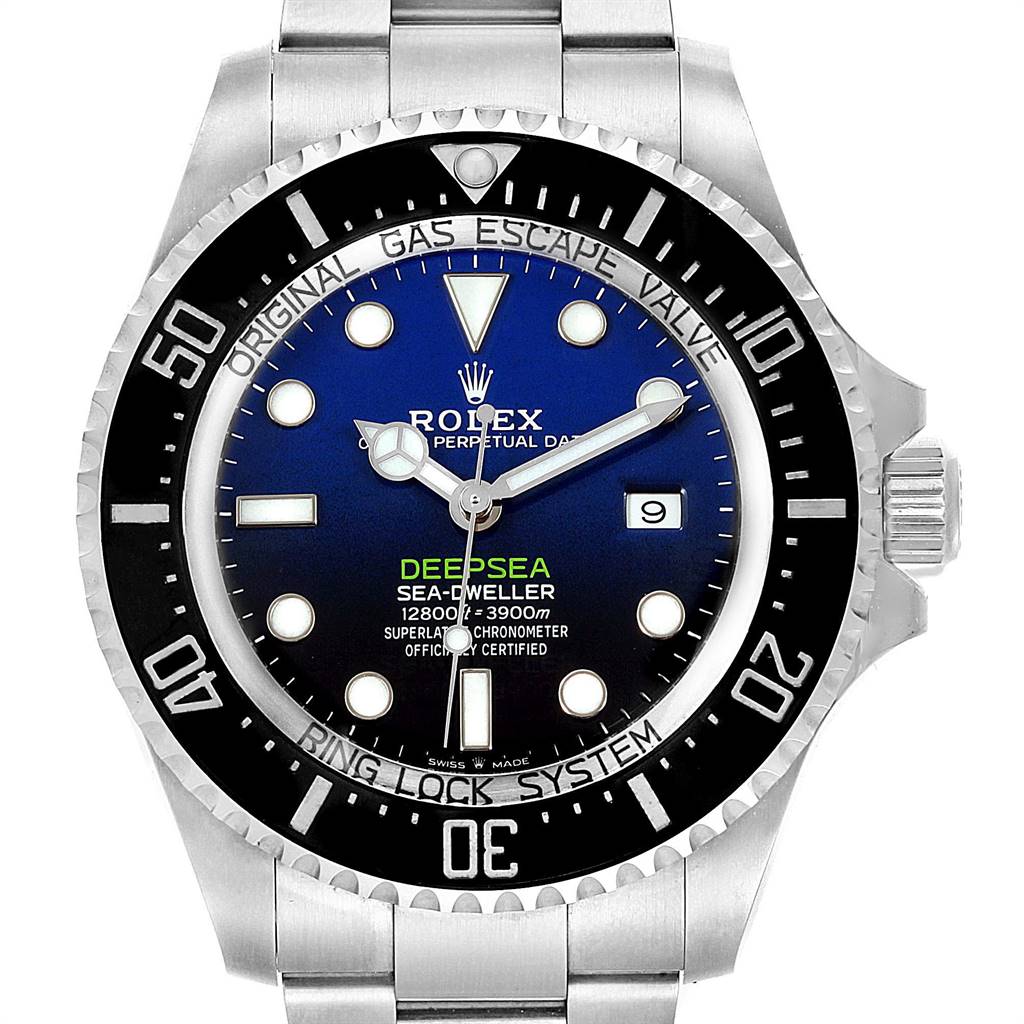 This image shows a front view of the Rolex Sea-Dweller 126660 Men
s Stainless Steel Blue Dial 126660 Men
s Stainless Steel Blue Dial watch, focusing on the dial, bezel, and part of the bracelet.