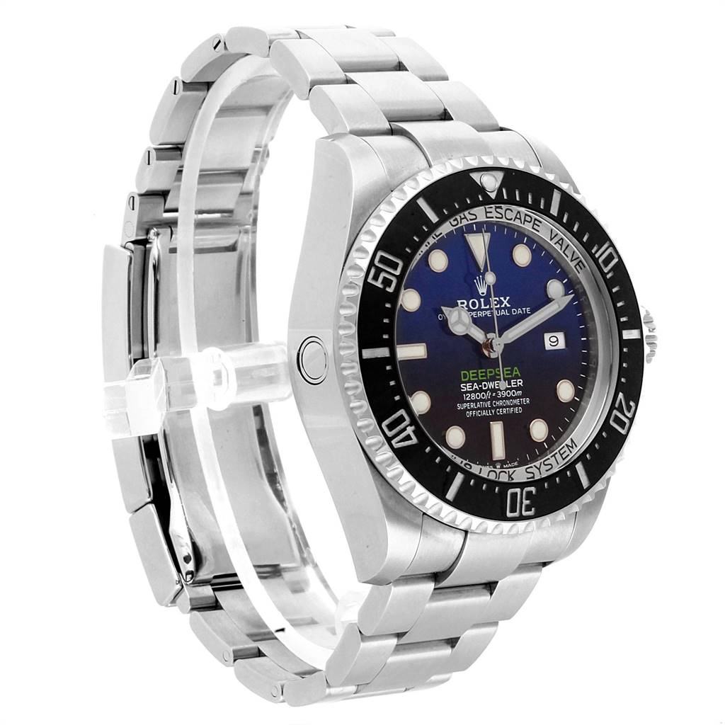 This image shows the Rolex Sea-Dweller 126660 Men
s Stainless Steel Blue Dial 126660 Men
s Stainless Steel Blue Dial watch from a side angle, highlighting the bezel, dial, and metal bracelet.