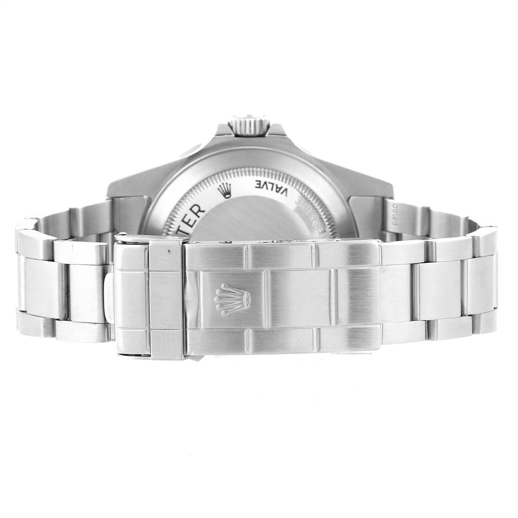 The image shows the back view of the Rolex Sea-Dweller 16600 Men
s Stainless Steel Black Dial 16600 Men
s Stainless Steel Black Dial watch, focusing on the bracelet and clasp.