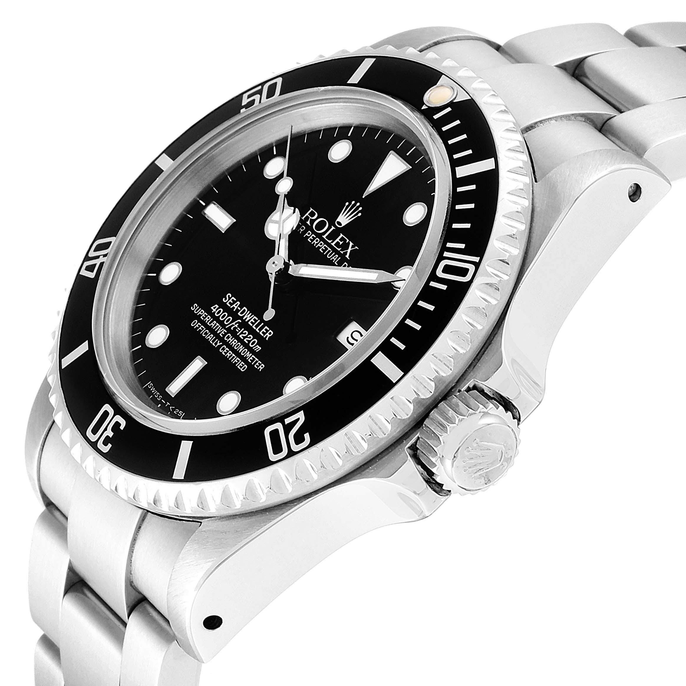 The image shows the Rolex Sea-Dweller 16600 Men
s Stainless Steel Black Dial 16600 Men
s Stainless Steel Black Dial watch at a three-quarter angle, highlighting the bezel, crown, and part of the bracelet.