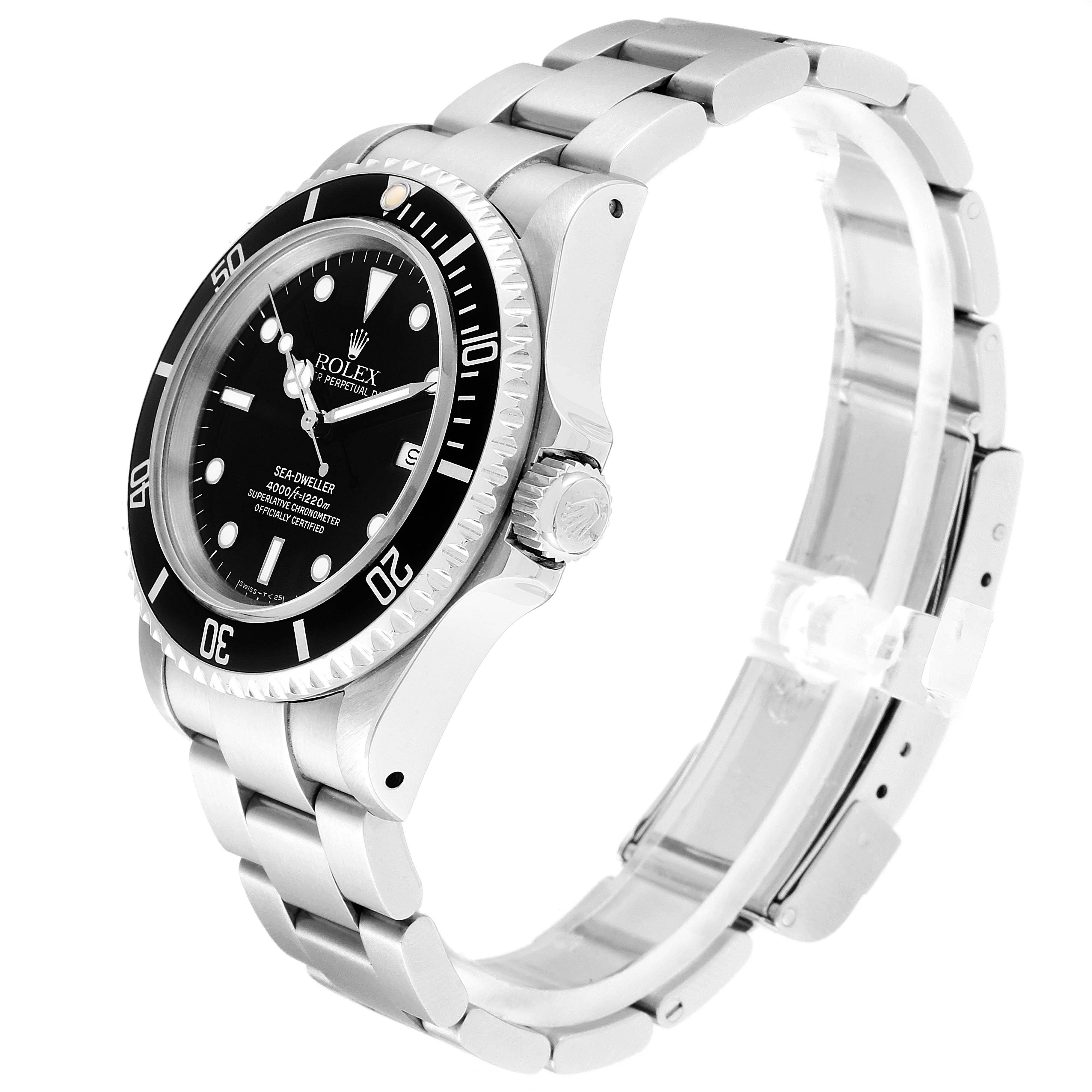 The image shows a Rolex Sea-Dweller 16600 Men
s Stainless Steel Black Dial 16600 Men
s Stainless Steel Black Dial watch from a three-quarter angle, highlighting the face, bezel, crown, and bracelet.