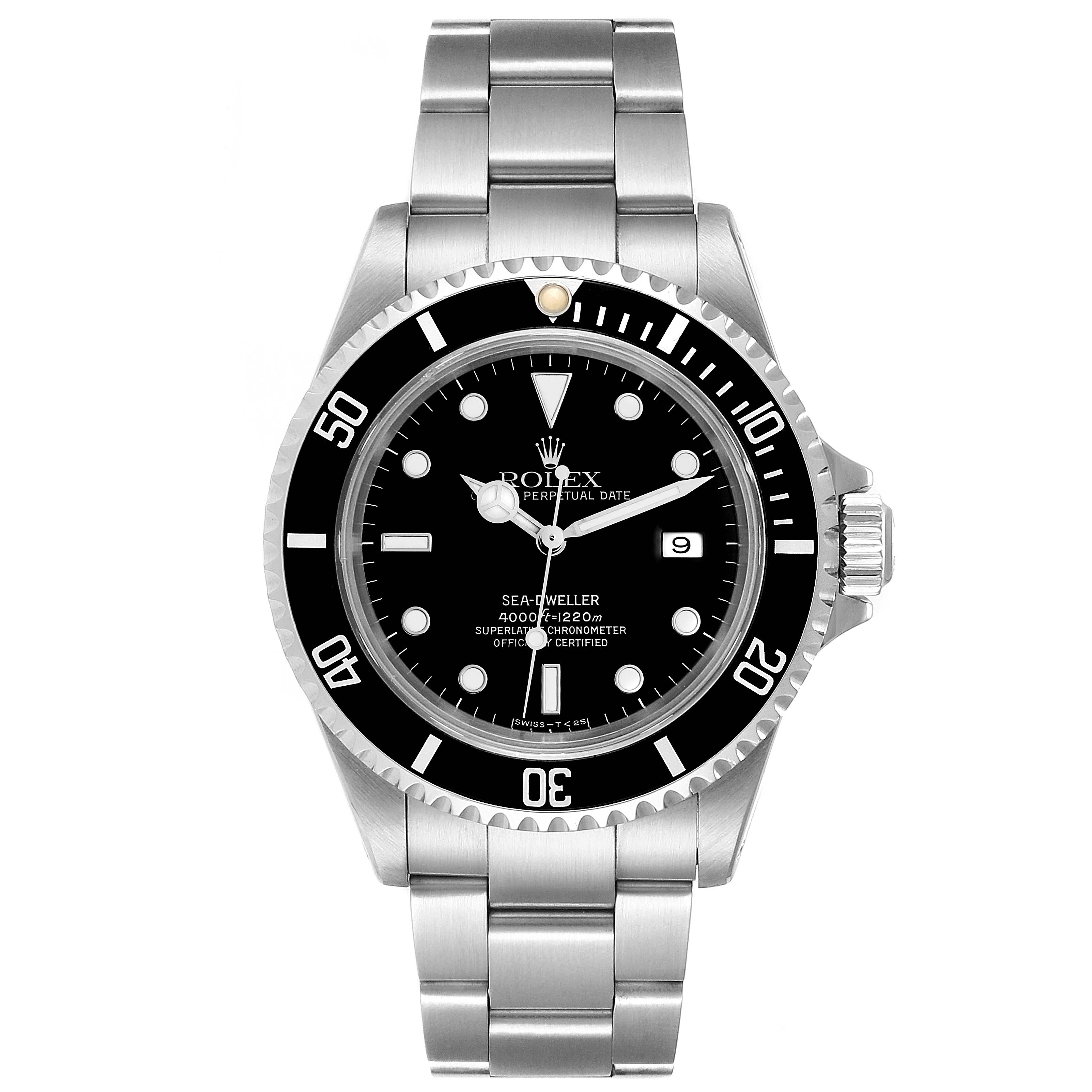 The image shows a front view of the Rolex Sea-Dweller 16600 Men
s Stainless Steel Black Dial 16600 Men
s Stainless Steel Black Dial watch, including its face, bezel, crown, and stainless steel bracelet.