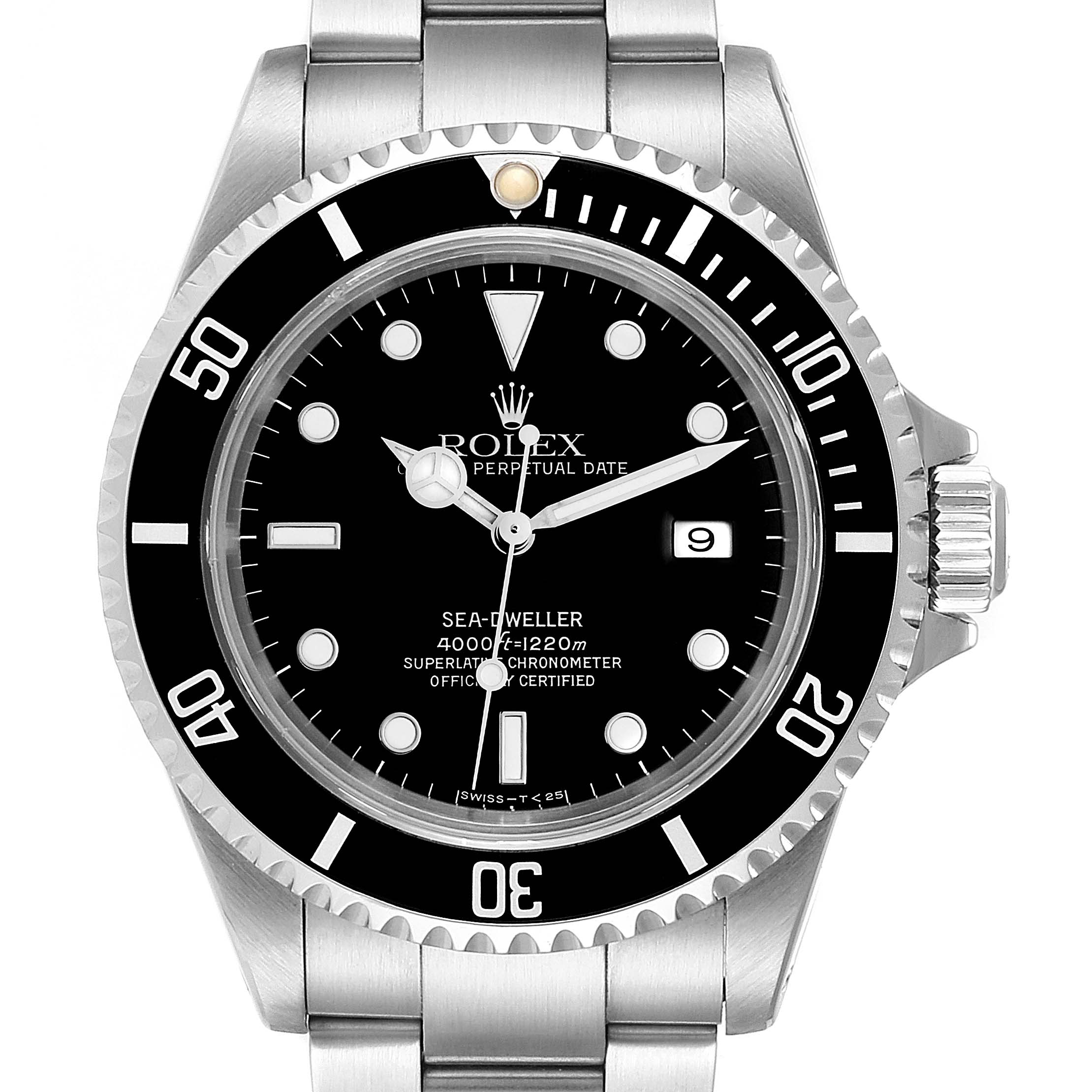 The Rolex Sea-Dweller 16600 Men
s Stainless Steel Black Dial 16600 Men
s Stainless Steel Black Dial watch is shown from the front, displaying the dial, hands, bezel, and a portion of the bracelet.
