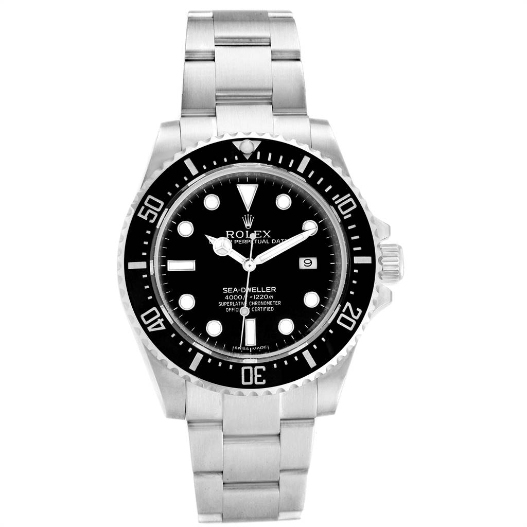 The image shows a front view of the Rolex Sea-Dweller 116600 Men
s Stainless Steel Black Dial 116600 Men
s Stainless Steel Black Dial watch, displaying the dial, bezel, case, and bracelet.
