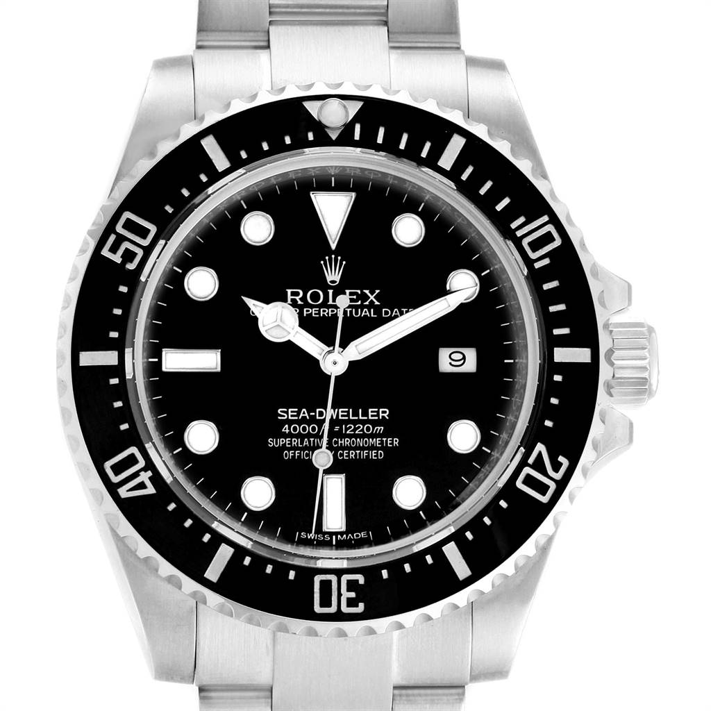 This image shows a front view of the Rolex Sea-Dweller 116600 Men
s Stainless Steel Black Dial 116600 Men
s Stainless Steel Black Dial watch, displaying the bezel, dial, hands, and part of the bracelet.