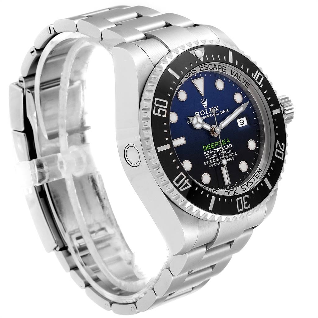 The image shows a side angle of a Rolex Sea-Dweller 126660 Men's Stainless Steel Blue Dial 126660 Men's Stainless Steel Blue Dial watch, highlighting its face, bezel, and bracelet.
