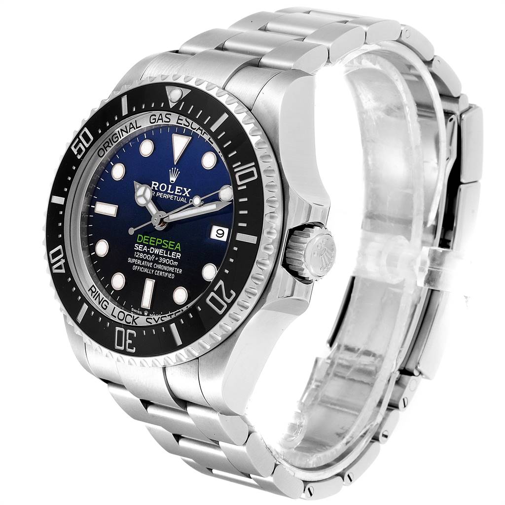 The image shows a Rolex Sea-Dweller 126660 Men's Stainless Steel Blue Dial 126660 Men's Stainless Steel Blue Dial watch from a three-quarter angle, highlighting the dial, bezel, crown, and bracelet.