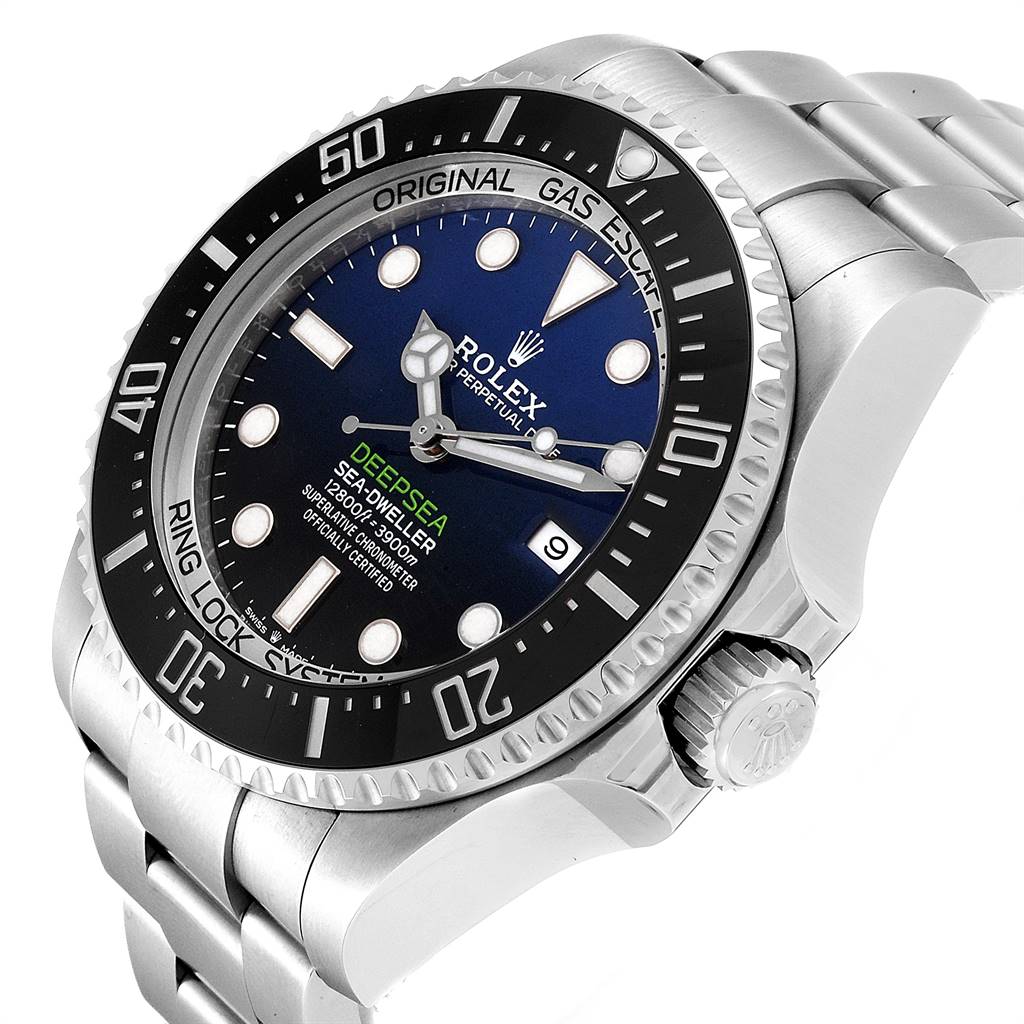 The image shows a side angle of the Rolex Sea-Dweller 126660 Men's Stainless Steel Blue Dial 126660 Men's Stainless Steel Blue Dial, highlighting the watch face, bezel, crown, and part of the bracelet.