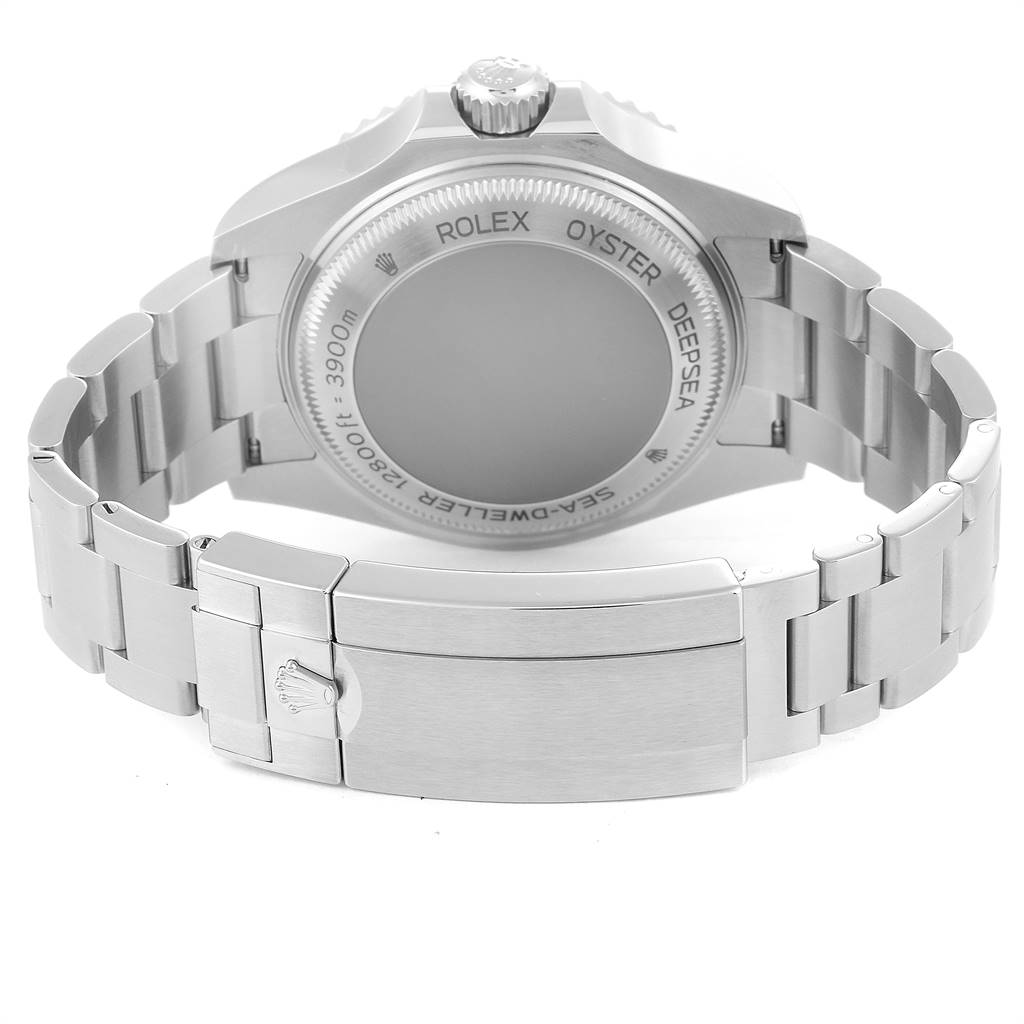 The image shows the back and bracelet of the Rolex Sea-Dweller 126660 Men's Stainless Steel Blue Dial 126660 Men's Stainless Steel Blue Dial watch, highlighting the case back with "ROLEX OYSTER DEEPSEA" inscriptions.