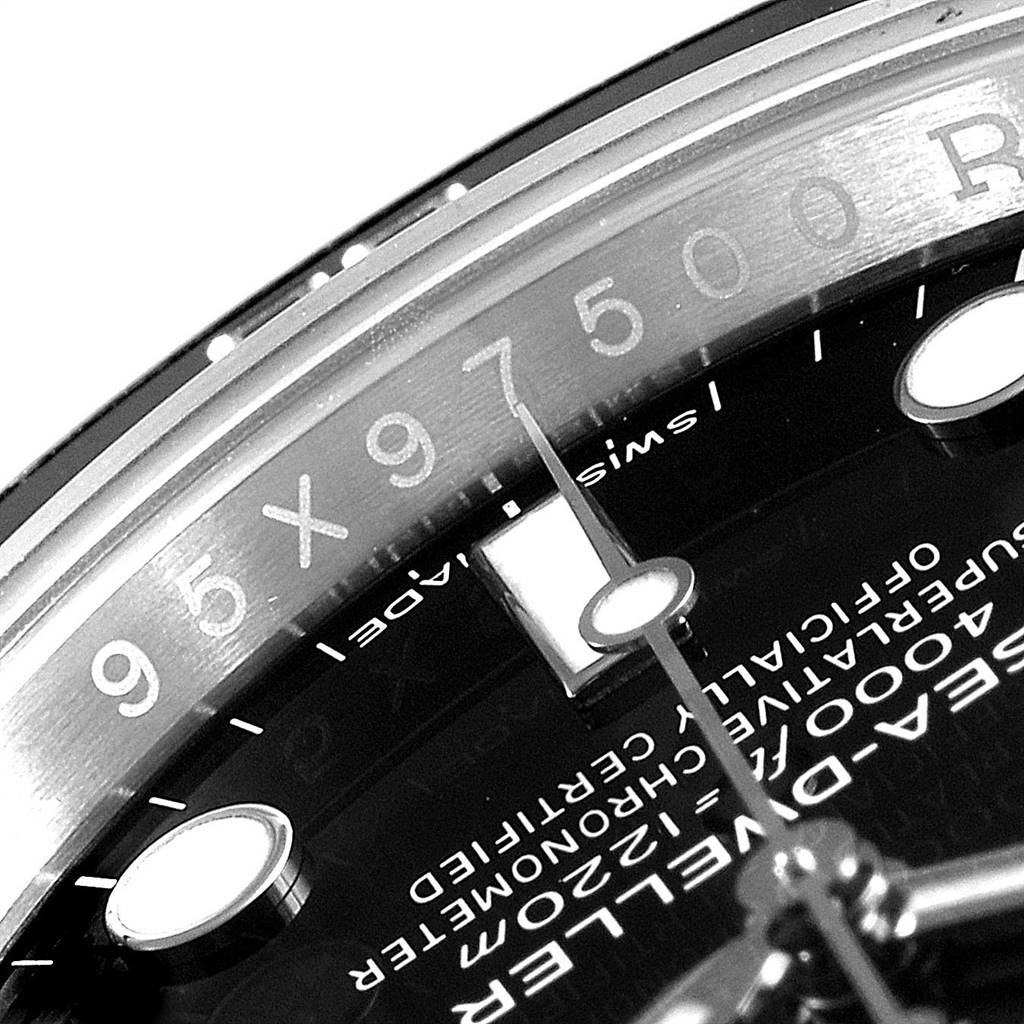 The image shows a close-up of the Rolex Sea-Dweller 116600 Men
s Stainless Steel Black Dial 116600 Men
s Stainless Steel Black Dial
s dial, including the hands, part of the bezel, and some printed text.