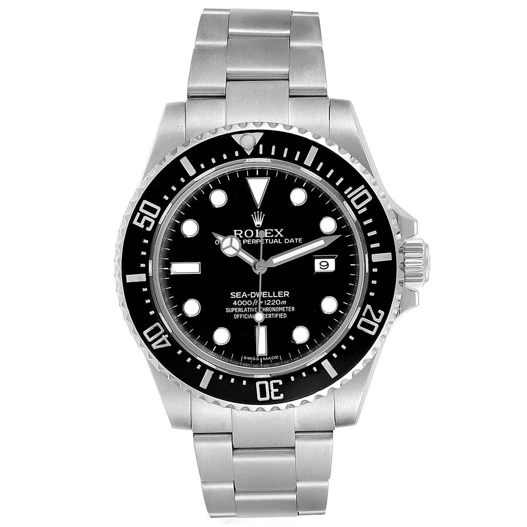 This Rolex Sea-Dweller 116600 Men
s Stainless Steel Black Dial 116600 Men
s Stainless Steel Black Dial watch is shown from a front angle, displaying its face, bezel, and bracelet.