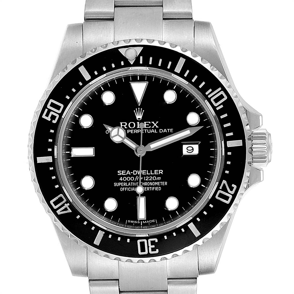 This image shows a front view of the Rolex Sea-Dweller 116600 Men
s Stainless Steel Black Dial 116600 Men
s Stainless Steel Black Dial watch displaying its face, bezel, and stainless steel bracelet.