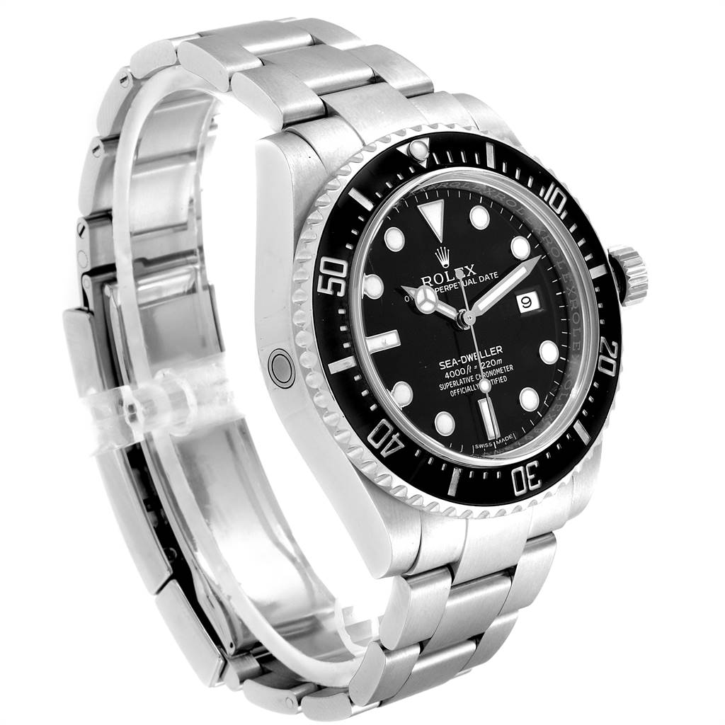 The Rolex Sea-Dweller 116600 Men
s Stainless Steel Black Dial 116600 Men
s Stainless Steel Black Dial watch is shown at an angled side view, highlighting the dial, bezel, and bracelet.