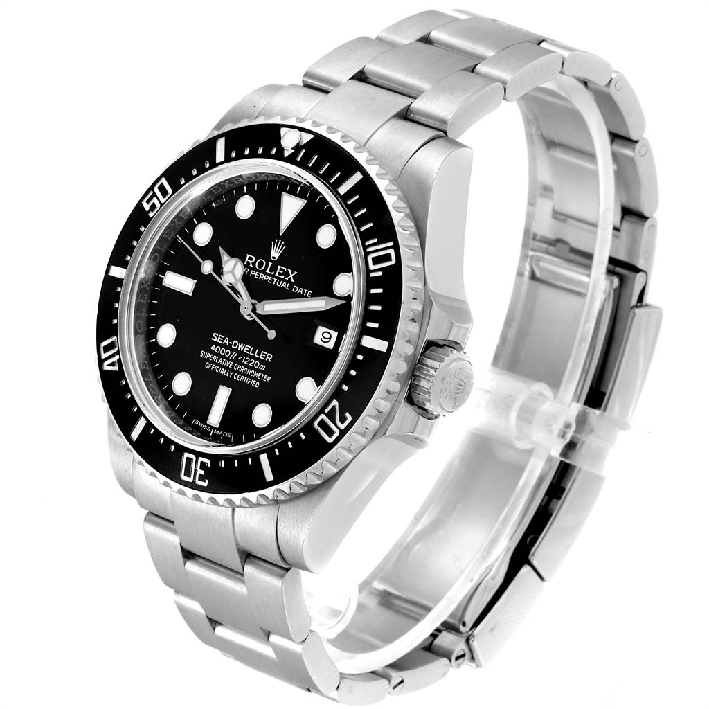 The Rolex Sea-Dweller 116600 Men
s Stainless Steel Black Dial 116600 Men
s Stainless Steel Black Dial watch is shown from a front-side angle, highlighting its face, bezel, and metal bracelet.