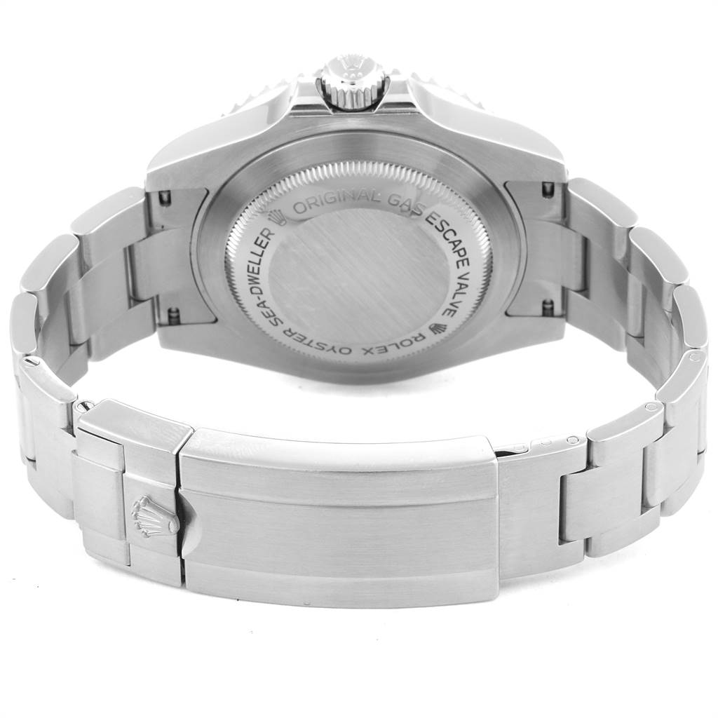 The image shows the rear view of the Rolex Sea-Dweller 116600 Men
s Stainless Steel Black Dial 116600 Men
s Stainless Steel Black Dial, highlighting its case back, bracelet, and clasp.
