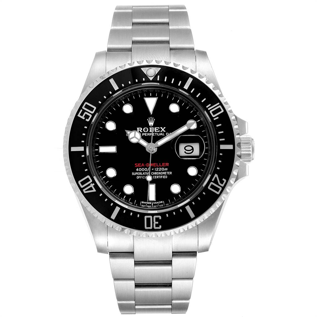 The image shows a front view of the Rolex Sea-Dweller 126600 Men's Stainless Steel Black Dial 126600 Men's Stainless Steel Black Dial watch, displaying the dial, bezel, and bracelet.
